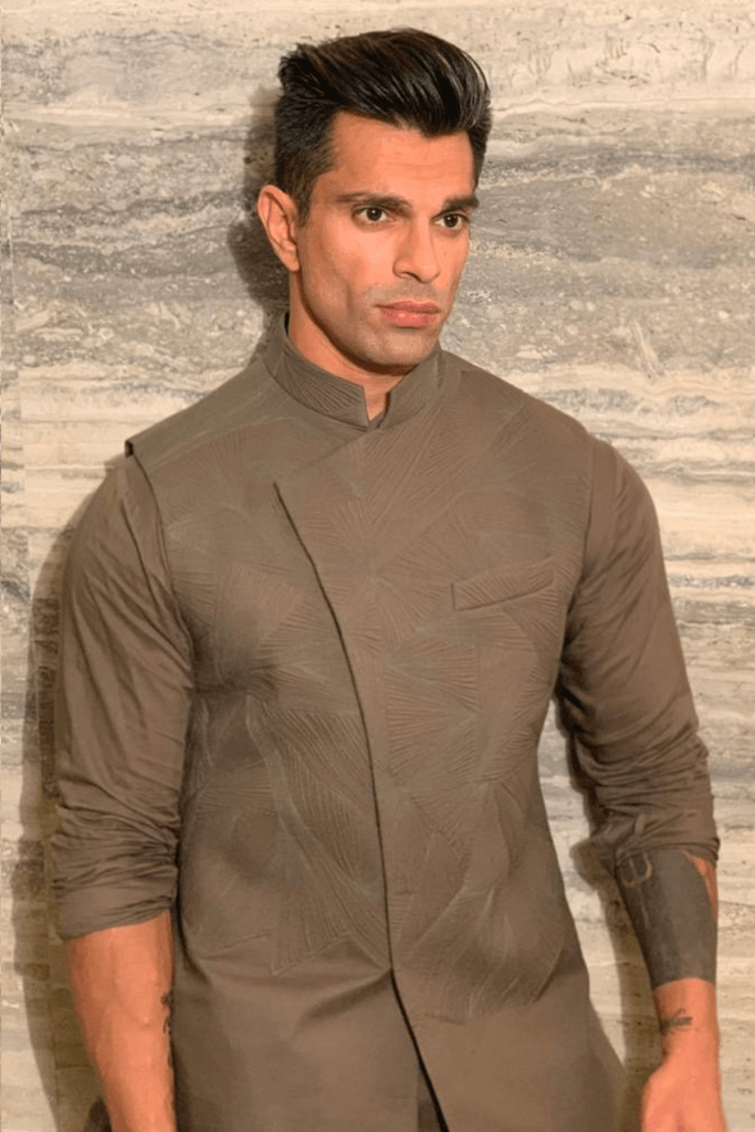 Karan Singh Grover In Olive Quilted Nehru Jacket Set Mens Wear