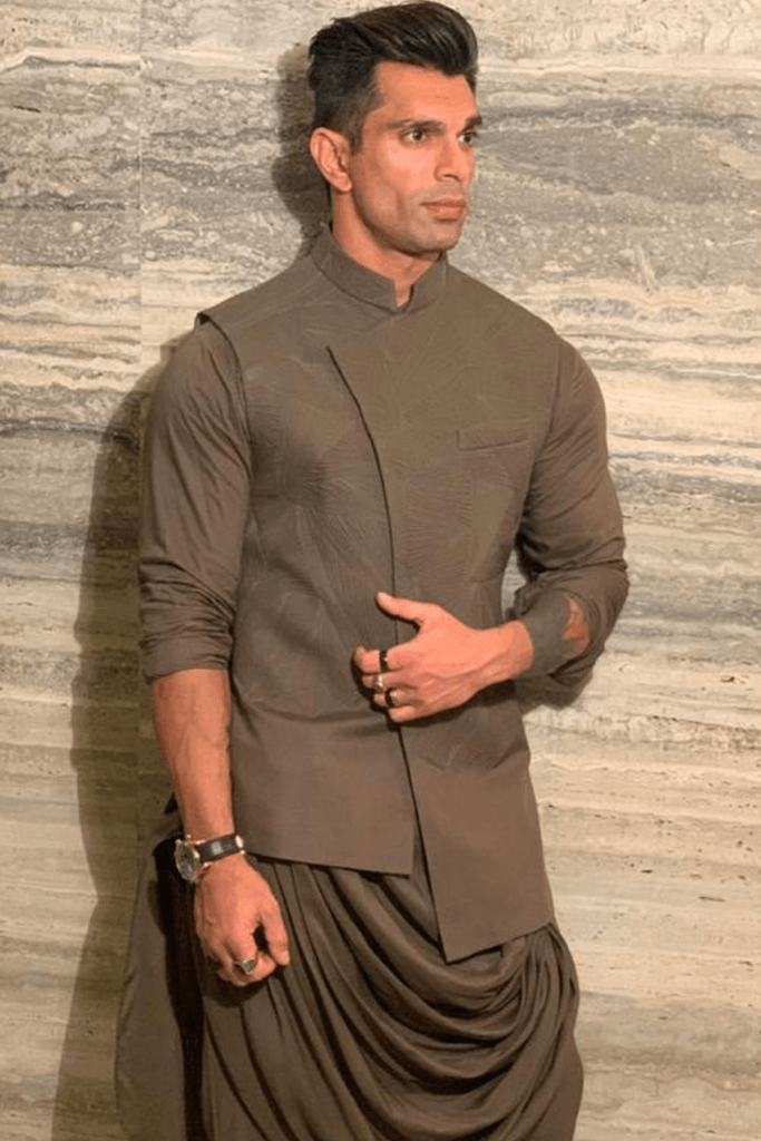 Karan Singh Grover In Olive Quilted Nehru Jacket Set Mens Wear