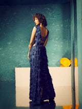 Navy Blue Fringes Saree With Embroidered Corset Womens Wear