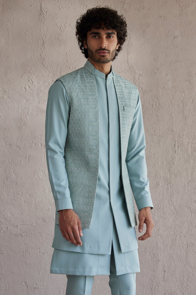 Men's Olive Green Sequins and Embroidred Nehru Jacket With Solid Kurta –  Jompers