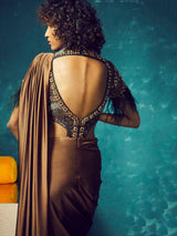Embroidered Faux Bodysuit Saree Gown Womens Wear