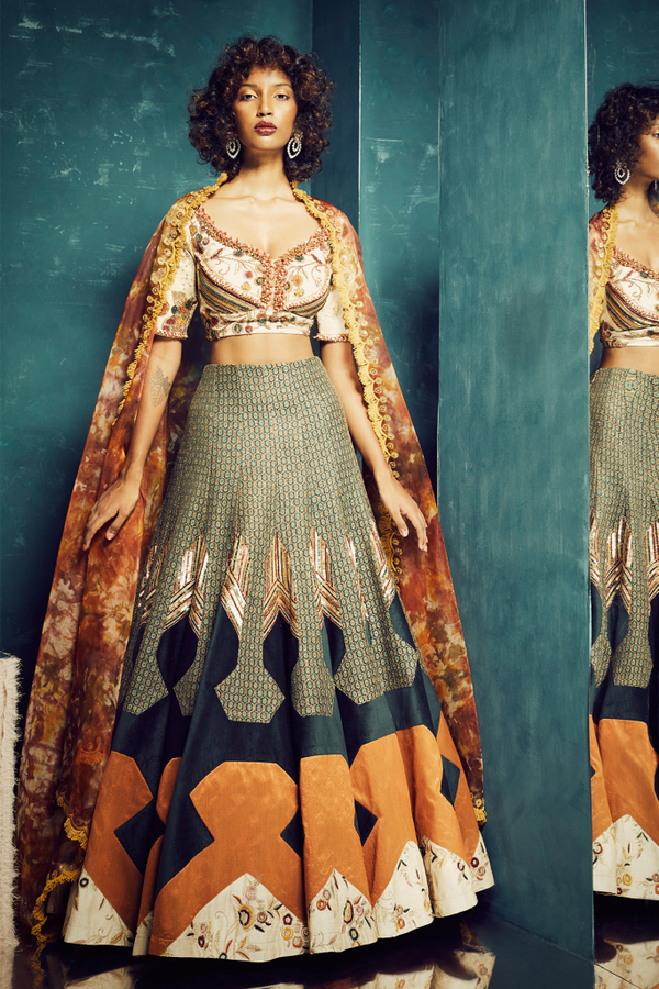 Bottle Green Panelled Lehenga With Embroidered Choli Womens Wear
