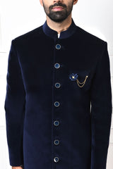 Blue Velvet Sherwani Set Mens Wear