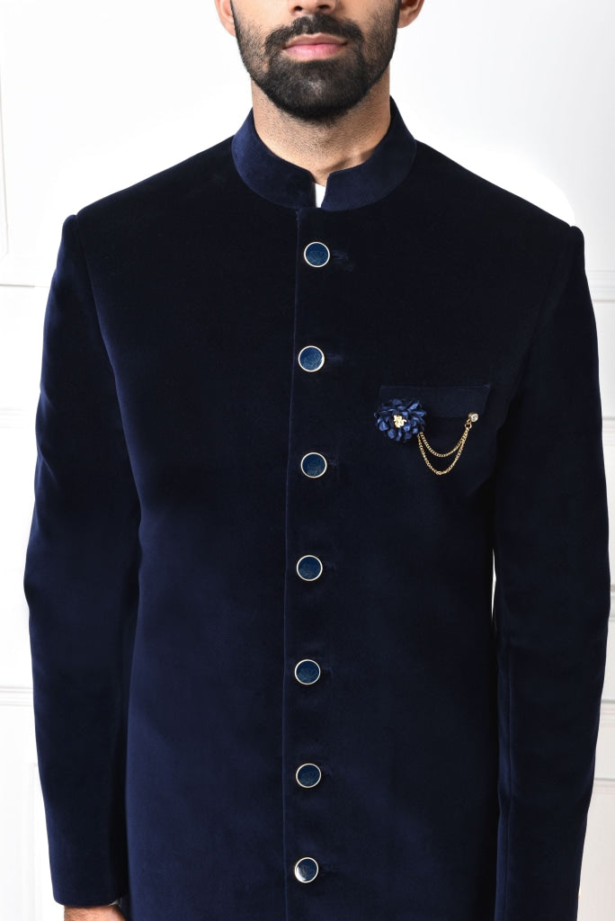 Blue Velvet Sherwani Set Mens Wear