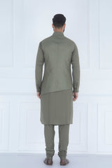 Olive Quilted Nehru Jacket Set Mens Wear