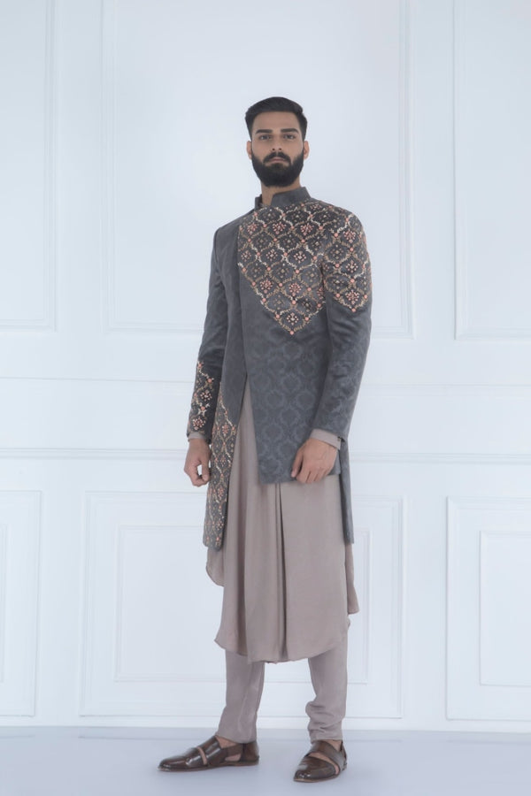 Grey Asymmetric Indowestern Set Mens Wear
