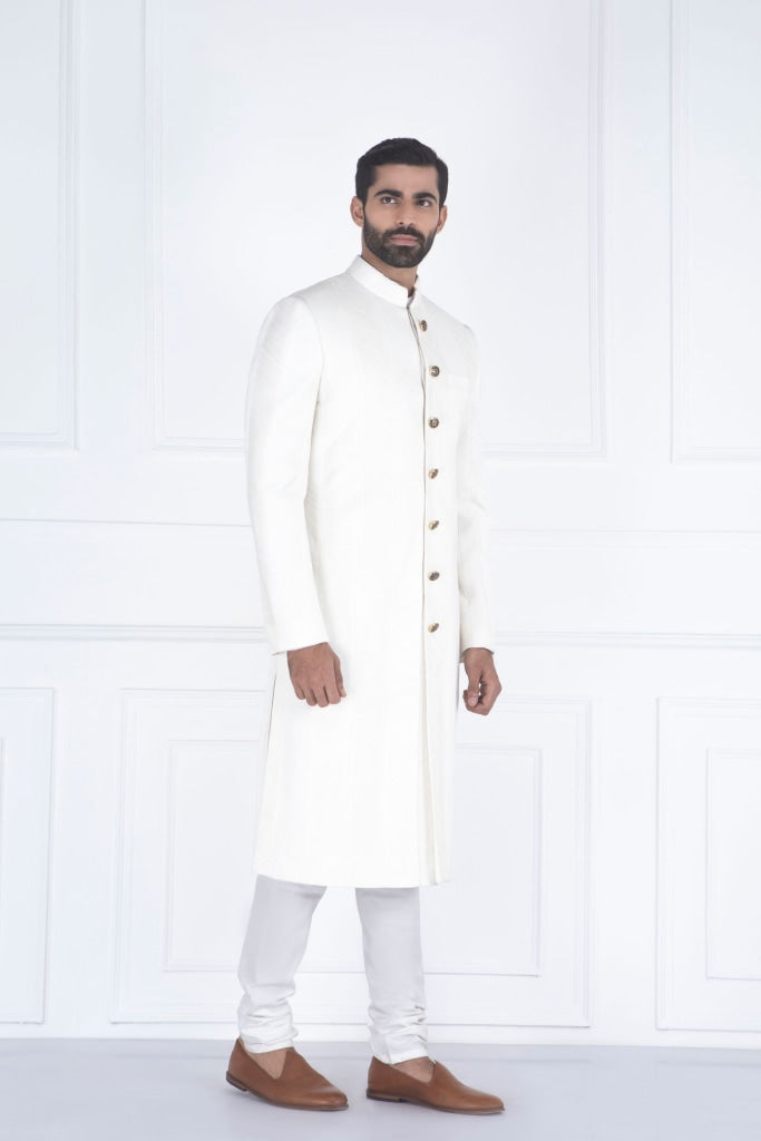 White Pintuck Sherwani Set Mens Wear