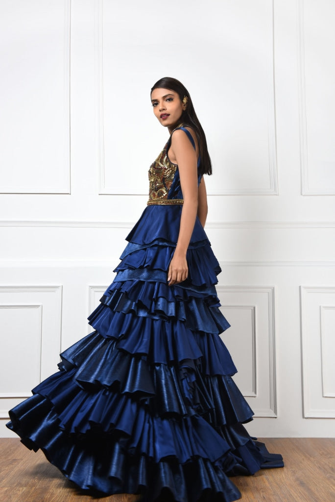 Navy Blue Tiered Cocktail Gown