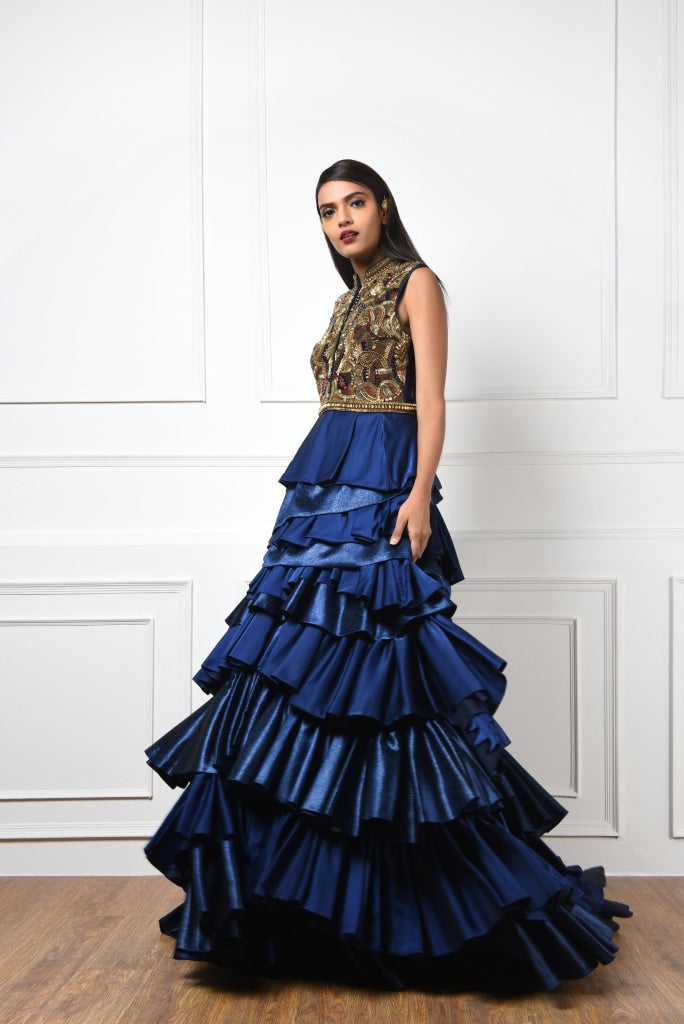 Navy Blue Tiered Cocktail Gown