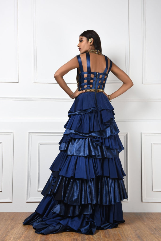 Navy Blue Tiered Cocktail Gown