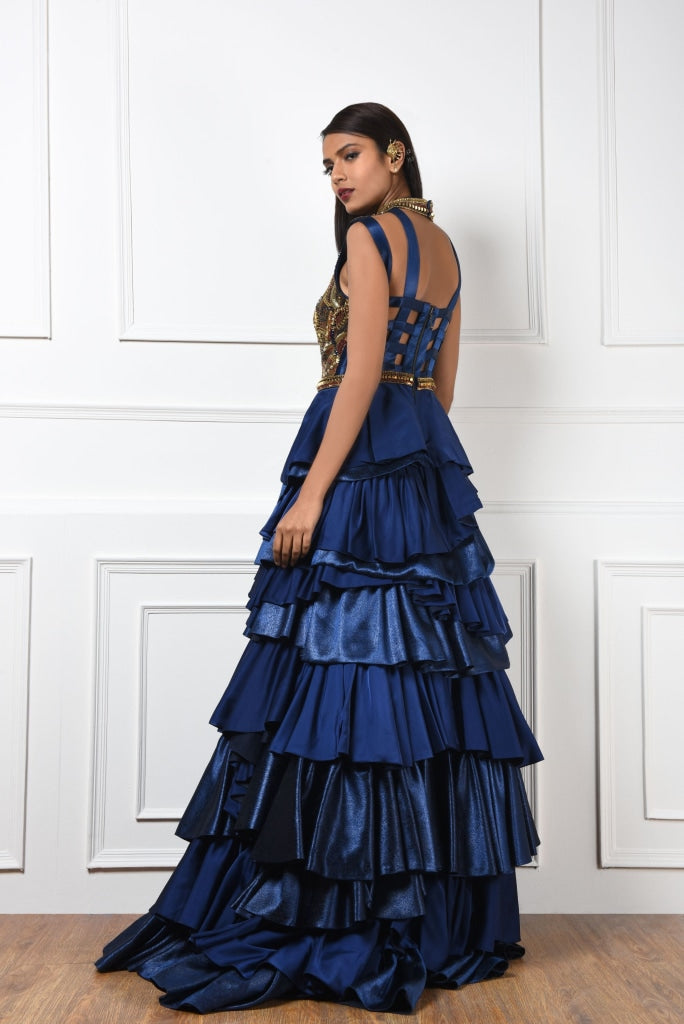 Navy Blue Tiered Cocktail Gown