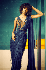 Navy Blue Fringes Saree With Embroidered Corset Womens Wear