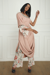 Pink Draped One Shoulder Tunic With Floral Printed Pants Womens Wear