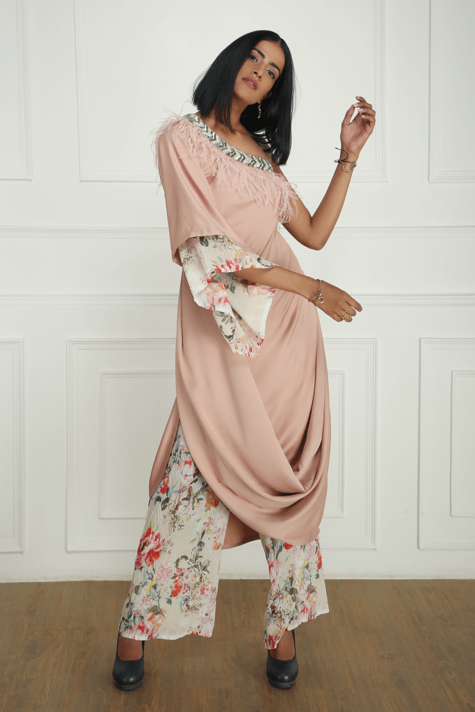 Pink Draped One Shoulder Tunic With Floral Printed Pants Womens Wear