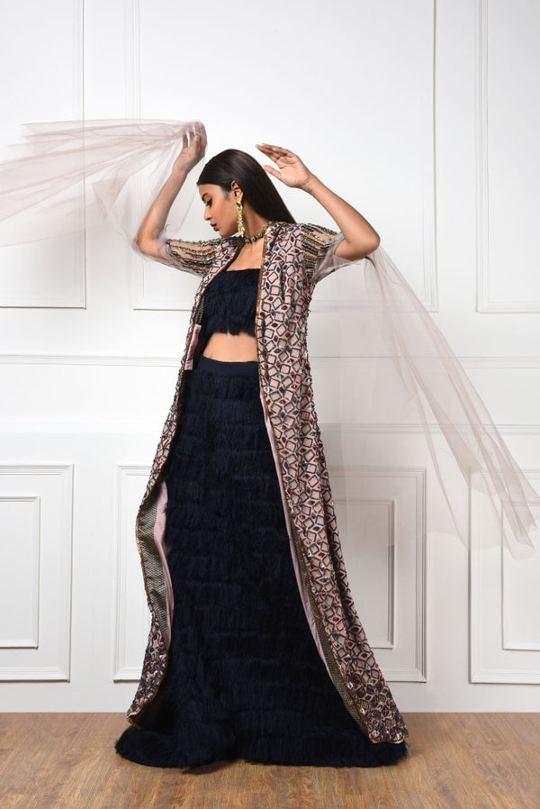 Blue Fringed Corset And Fish Cut Skirt With An Embroidered Jacket