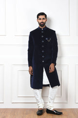 Blue Velvet Sherwani Set Mens Wear