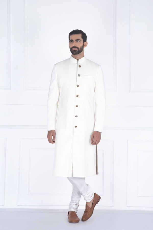 White Pintuck Sherwani Set Mens Wear