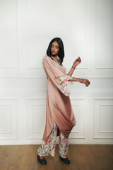Pink Draped One Shoulder Tunic With Floral Printed Pants Womens Wear