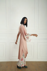 Pink Draped One Shoulder Tunic With Floral Printed Pants Womens Wear