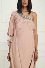 Pink Draped One Shoulder Tunic With Floral Printed Pants Womens Wear