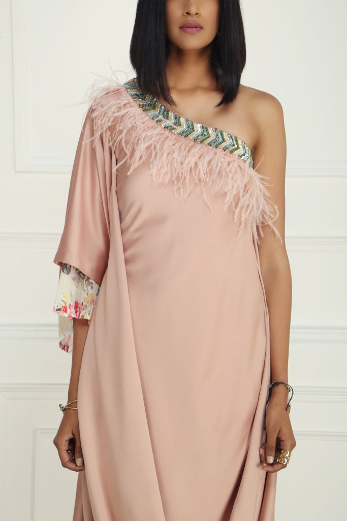 Pink Draped One Shoulder Tunic With Floral Printed Pants Womens Wear
